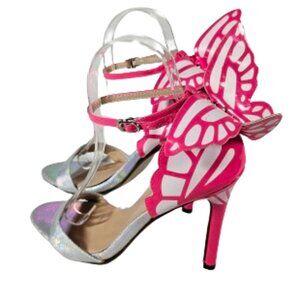 JOJO Cat Pink White Iridescent Sil Heels Women's Size 39 or 8.5 Prom Formal